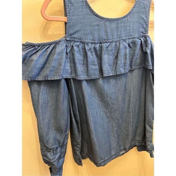 LOFT Blue Chambray Cold Shoulder Long Sleeve Ruffle Top Size Small - Picture 3 of 5